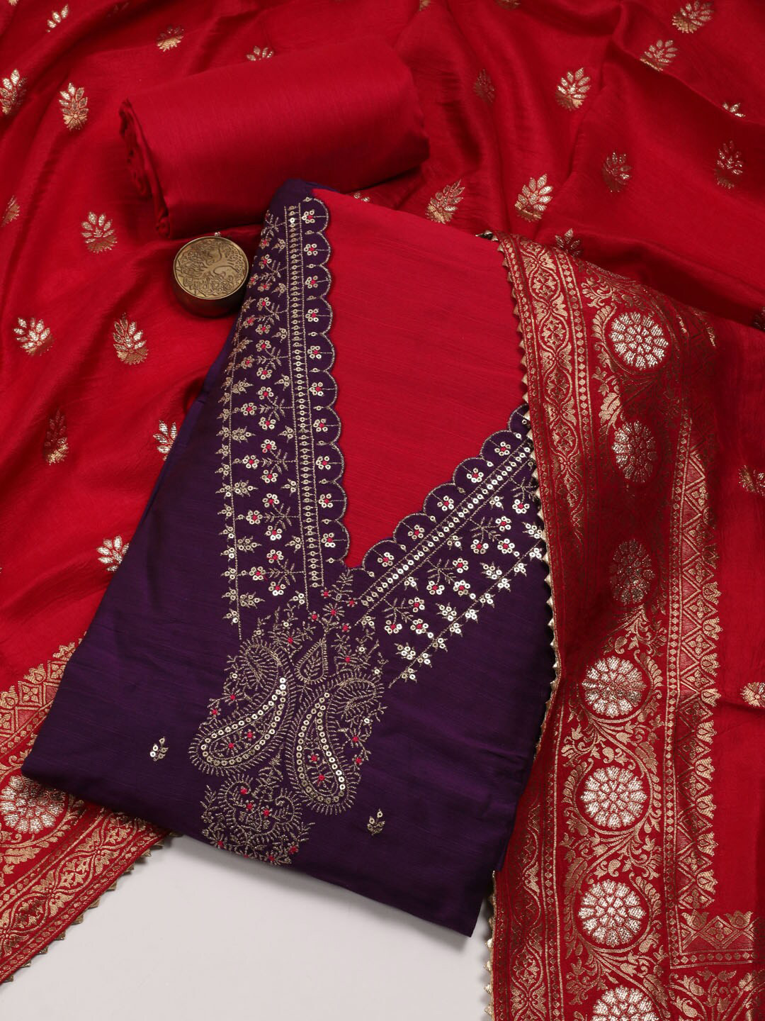 

Meena Bazaar Embroidered Art Silk Unstitched Dress Material, Purple