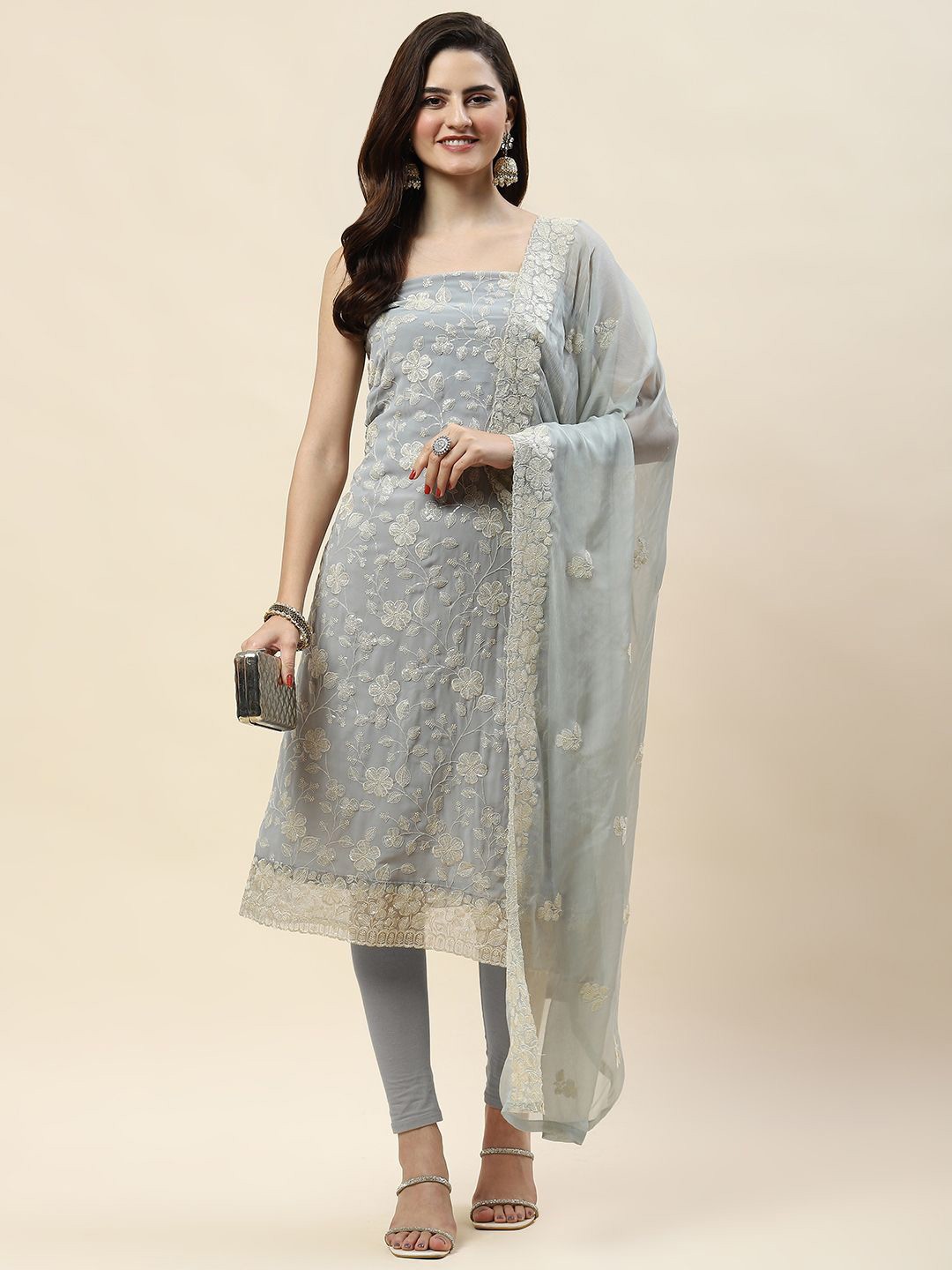 

Meena Bazaar Embroidered Unstitched Dress Material, Grey
