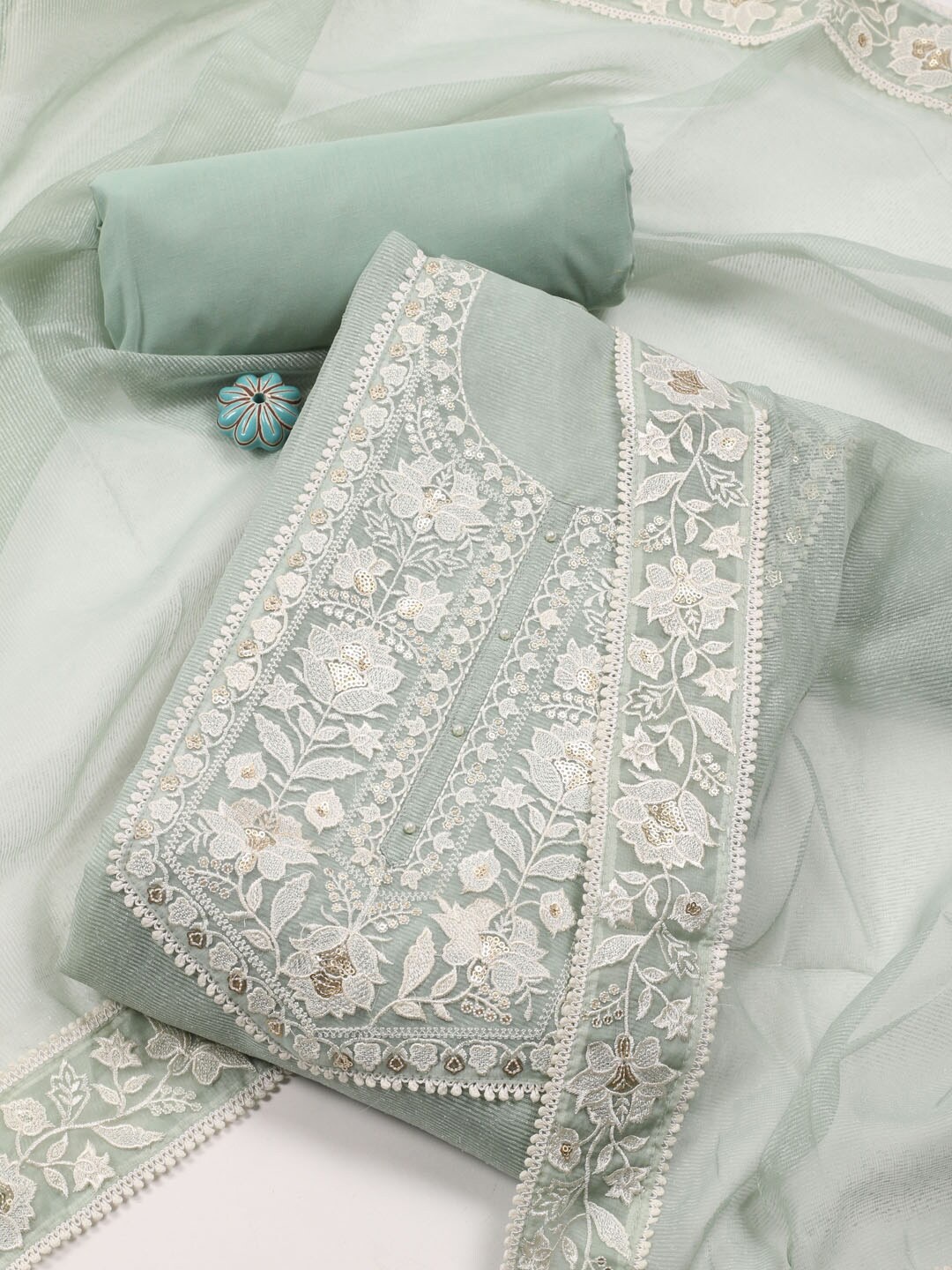 

Meena Bazaar Embroidered Unstitched Dress Material, Sea green