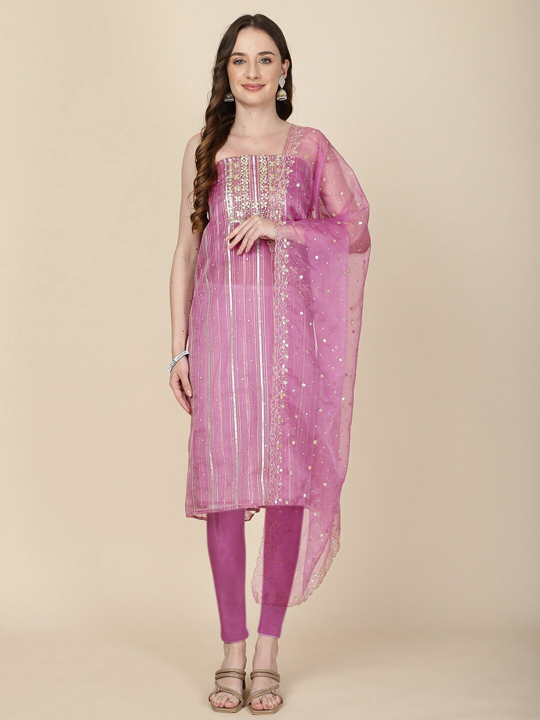 

Meena Bazaar Striped Embellished Organza Unstitched Dress Material, Pink