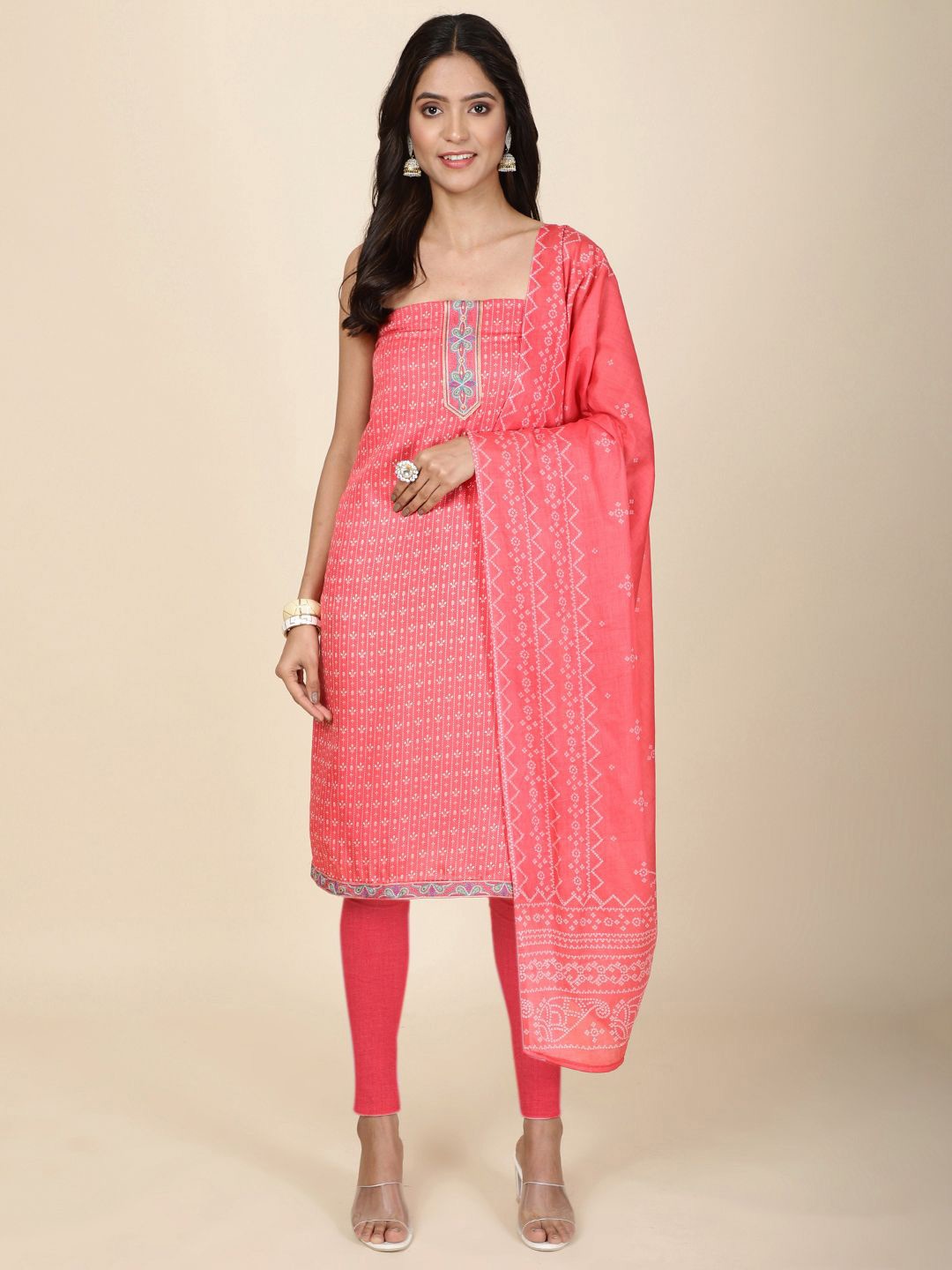 

Meena Bazaar Printed Unstitched Dress Material, Coral