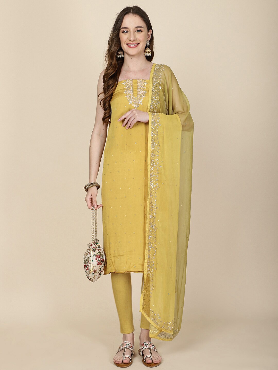 

Meena Bazaar Embellished Art Silk Unstitched Dress Material, Mustard