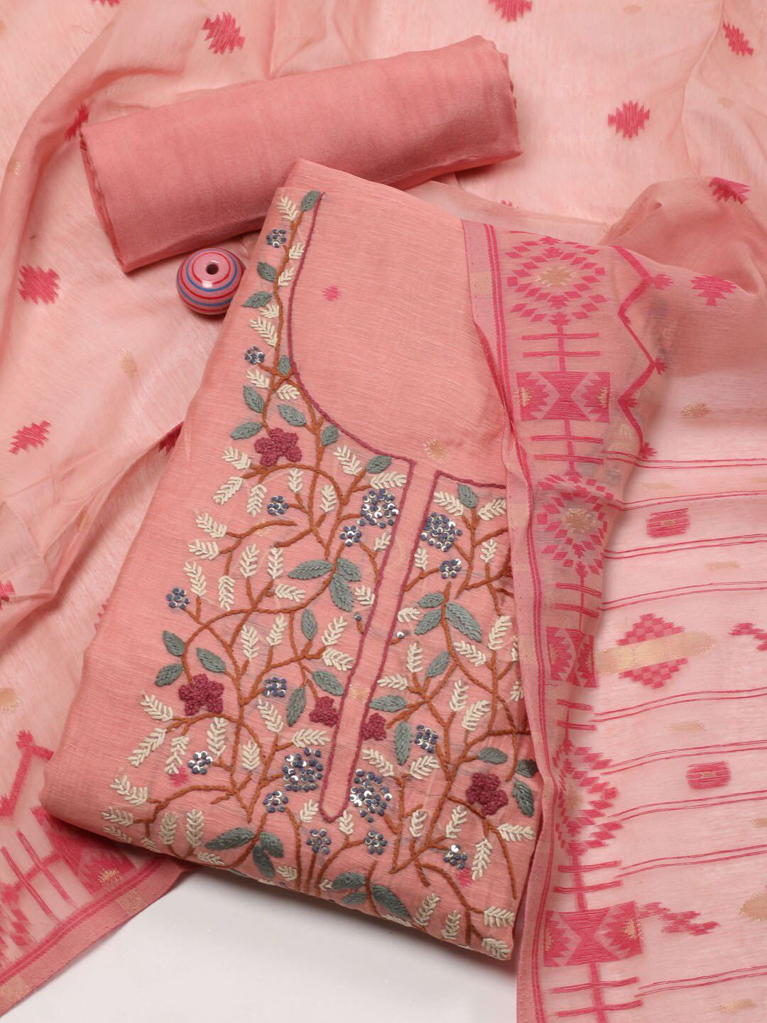 

Meena Bazaar Embroidered Art Silk Unstitched Dress Material, Peach