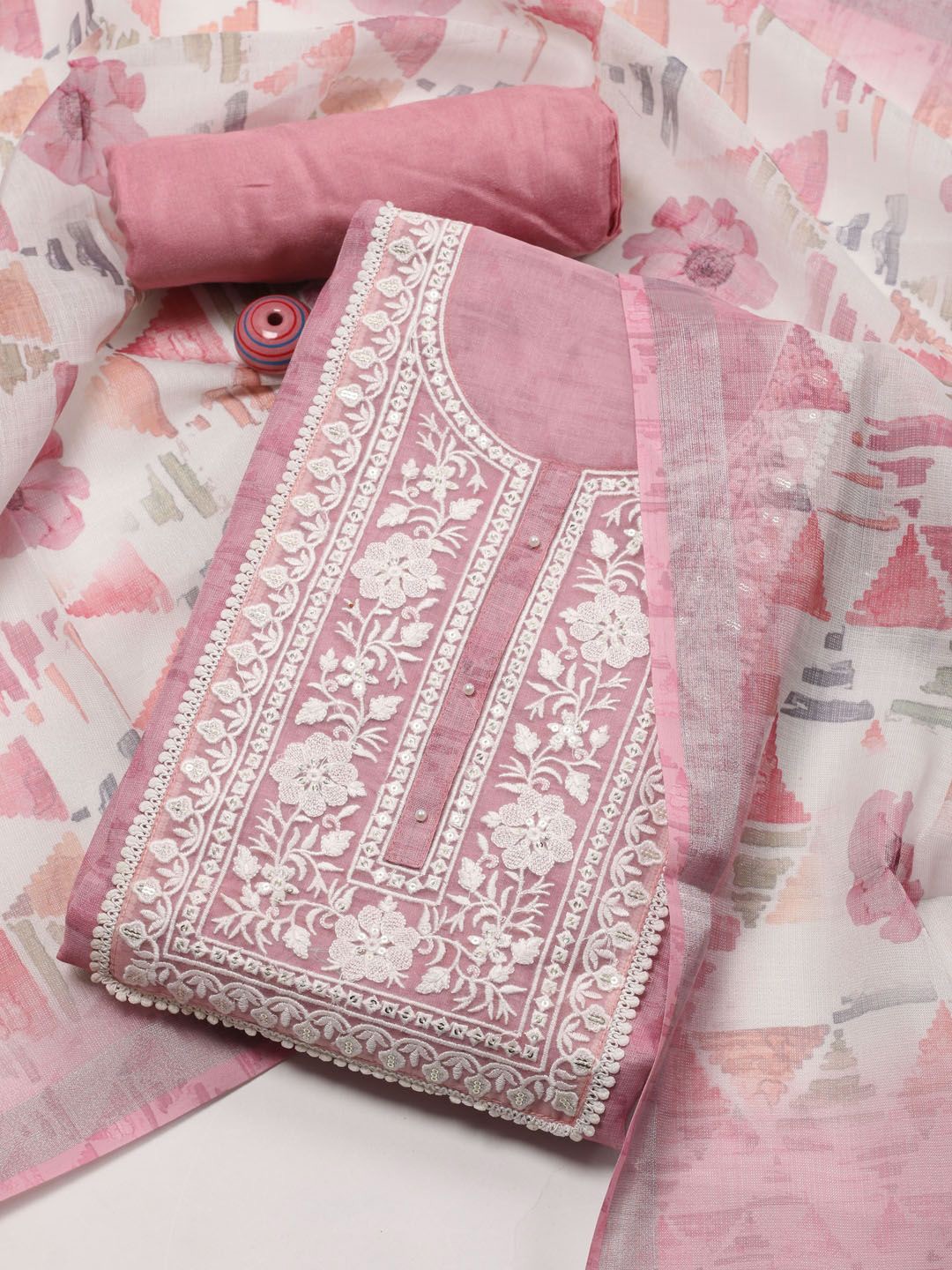 

Meena Bazaar Printed Art Silk Unstitched Dress Material, Pink