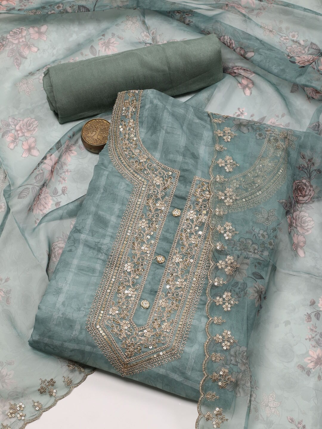 

Meena Bazaar Floral Printed Unstitched Dress Material, Sea green