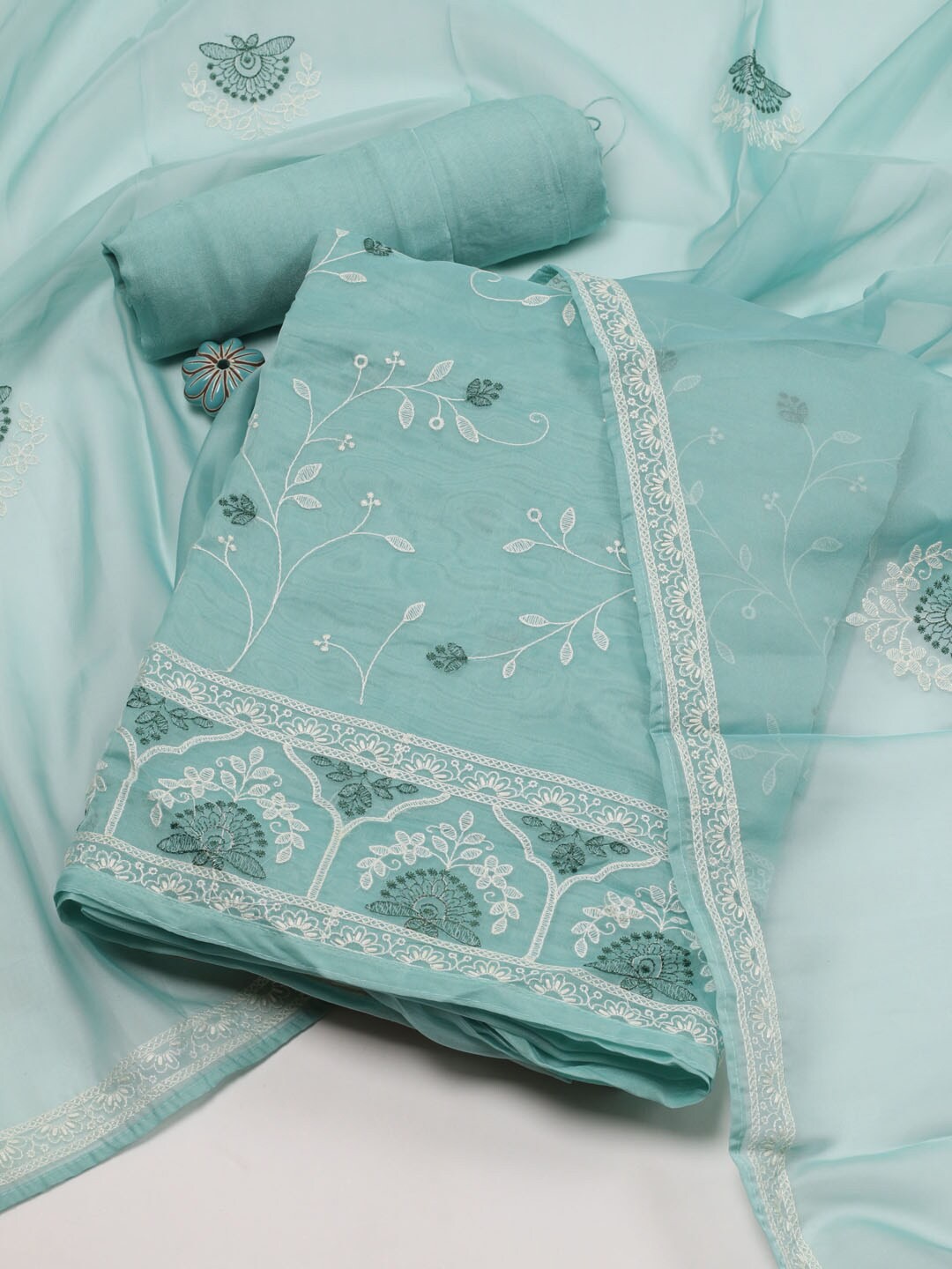 

Meena Bazaar Embroidered Organza Unstitched Dress Material, Blue