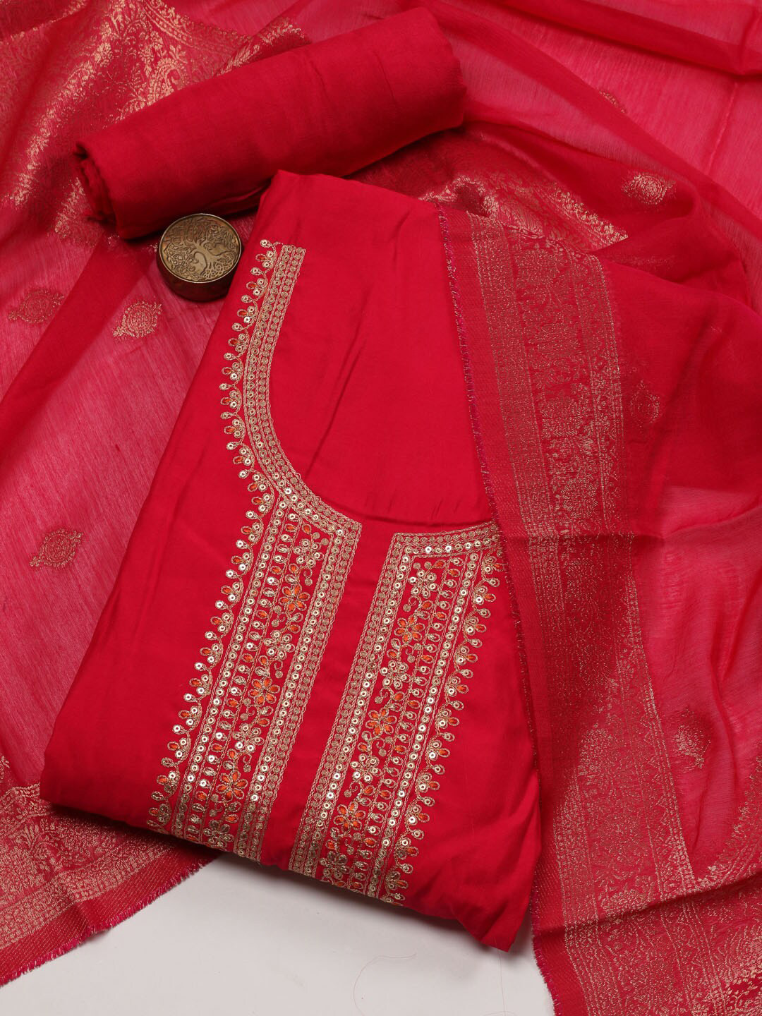 

Meena Bazaar Sequinned Embroidered Art Silk Unstitched Dress Material, Pink