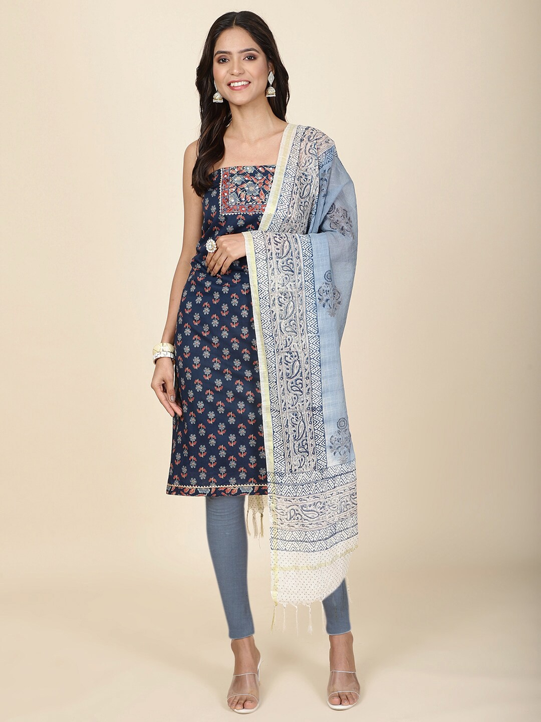 

Meena Bazaar Printed Unstitched Dress Material, Navy blue