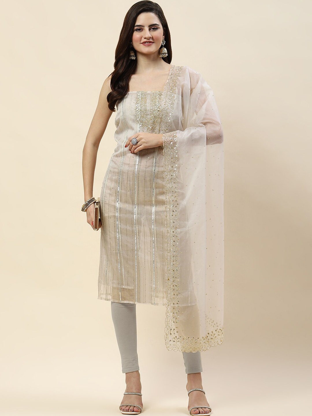 

Meena Bazaar Embroidered Organza Unstitched Dress Material, Cream