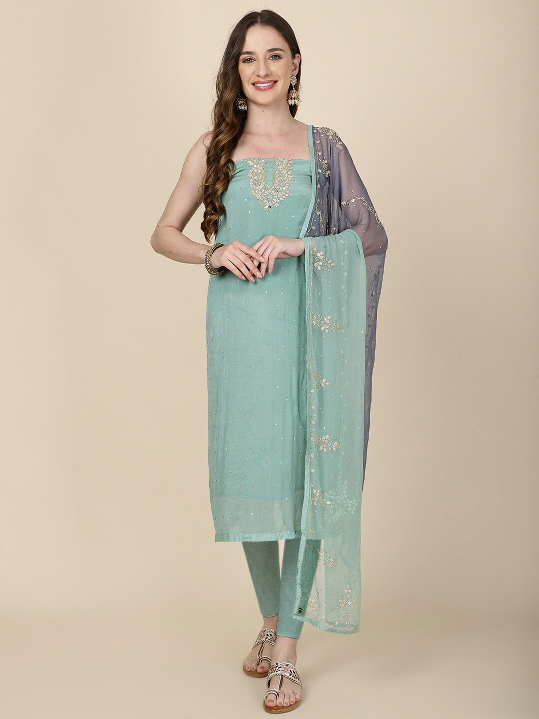 

Meena Bazaar Floral Embellished Beads and Stones Art Silk Unstitched Dress Material, Sea green