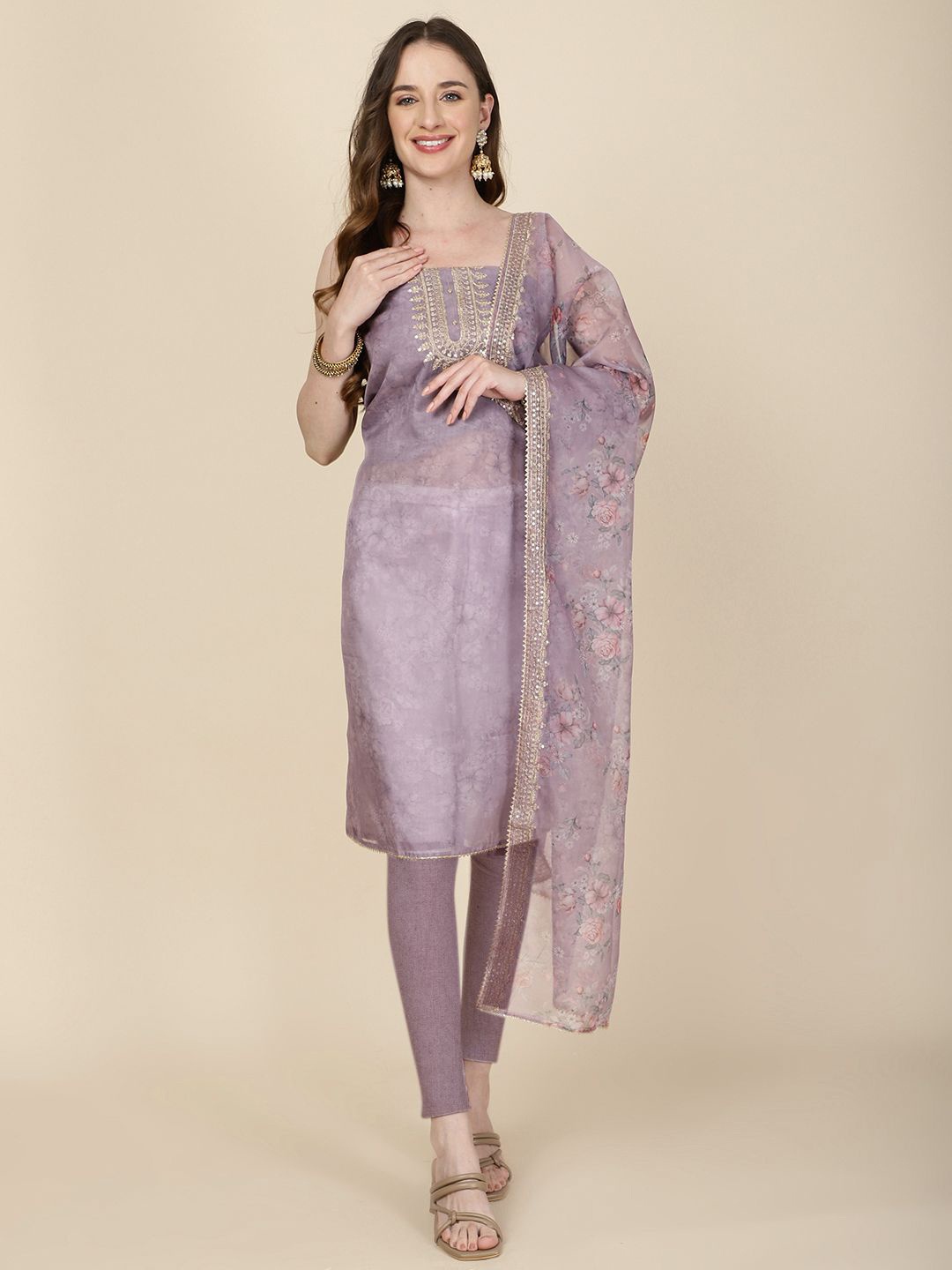 

Meena Bazaar Printed Organza Unstitched Dress Material, Purple
