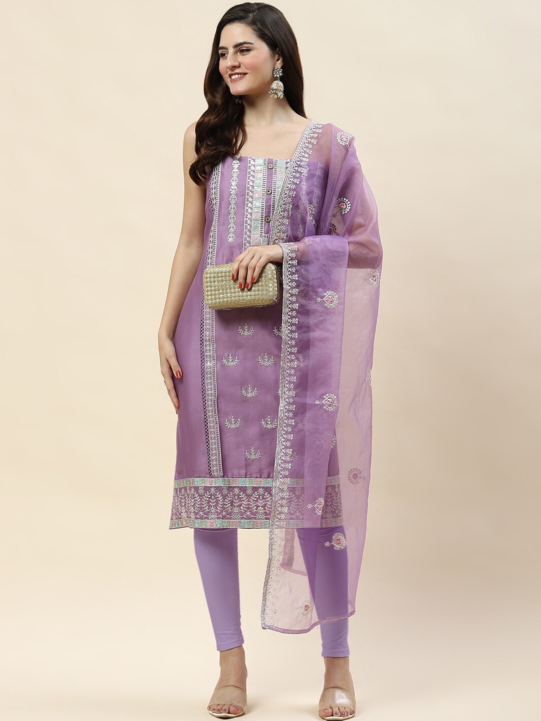 

Meena Bazaar Floral Embroidered Art Silk Unstitched Dress Material, Purple