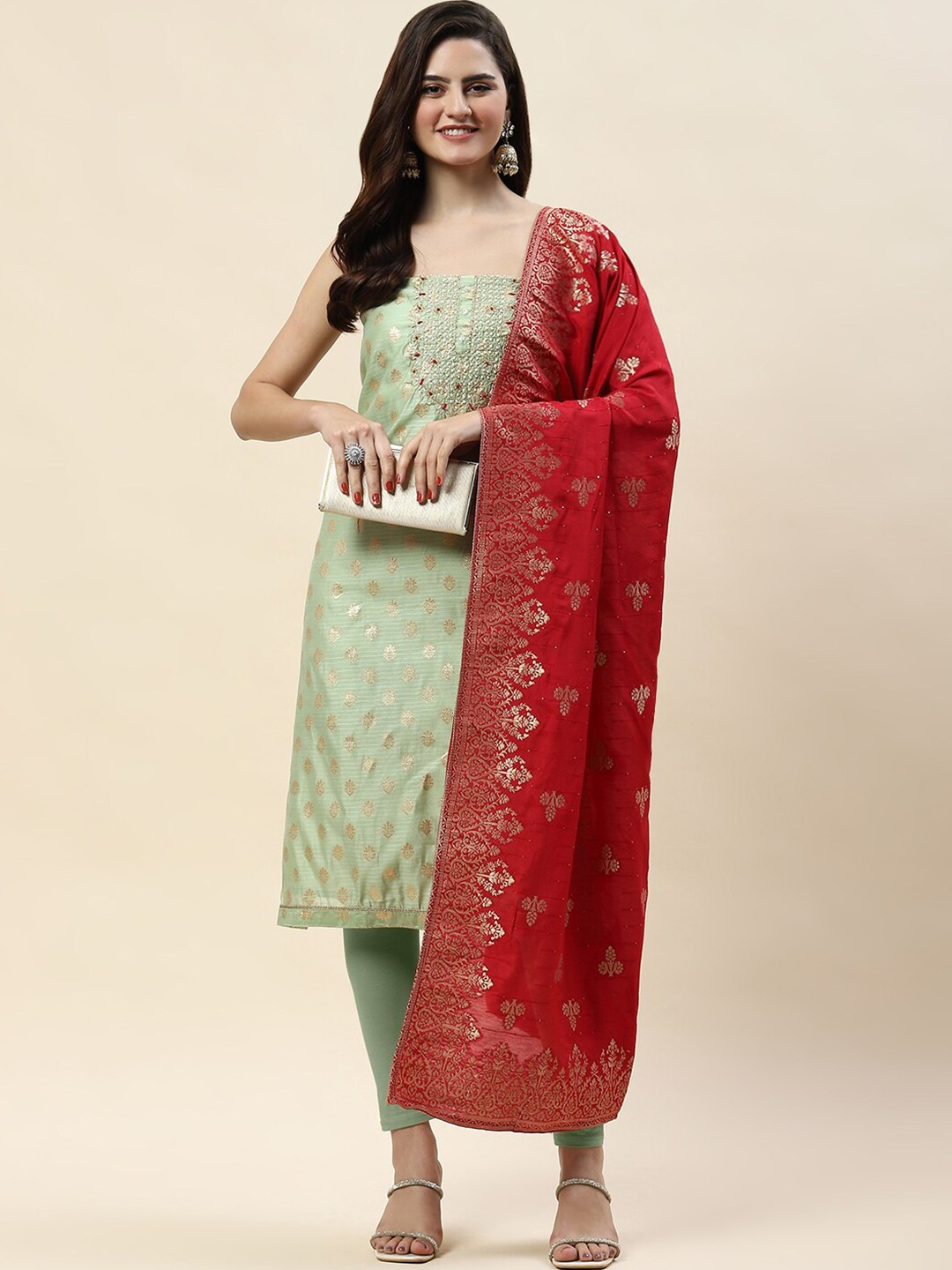 

Meena Bazaar Floral Woven Design Unstitched Dress Material, Green