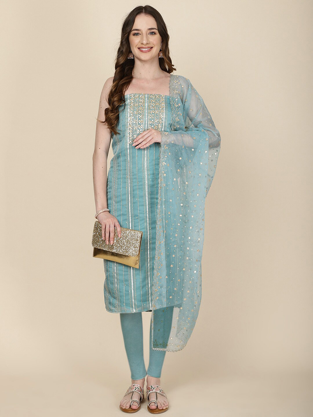 

Meena Bazaar Embellished Organza Unstitched Dress Material, Blue