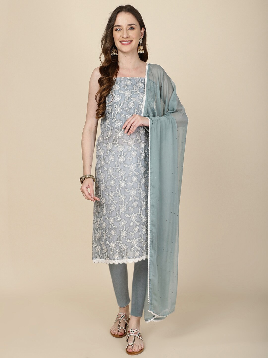 

Meena Bazaar Embroidered Organza Unstitched Dress Material, Grey