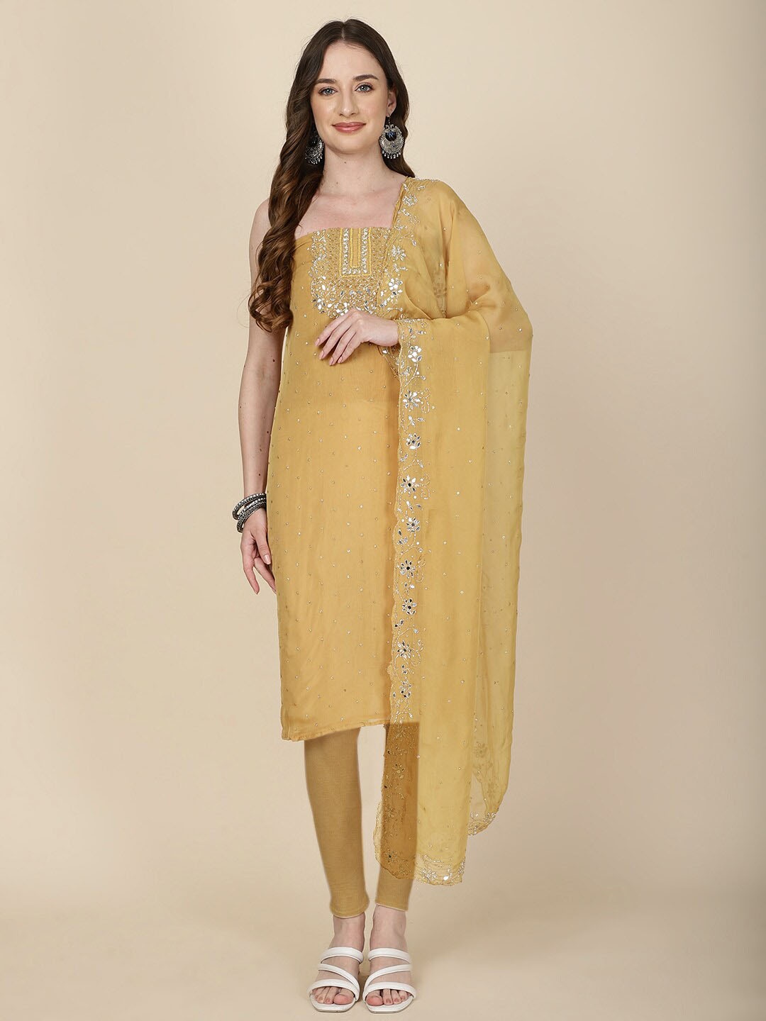 

Meena Bazaar Embellished Organza Unstitched Dress Material, Mustard
