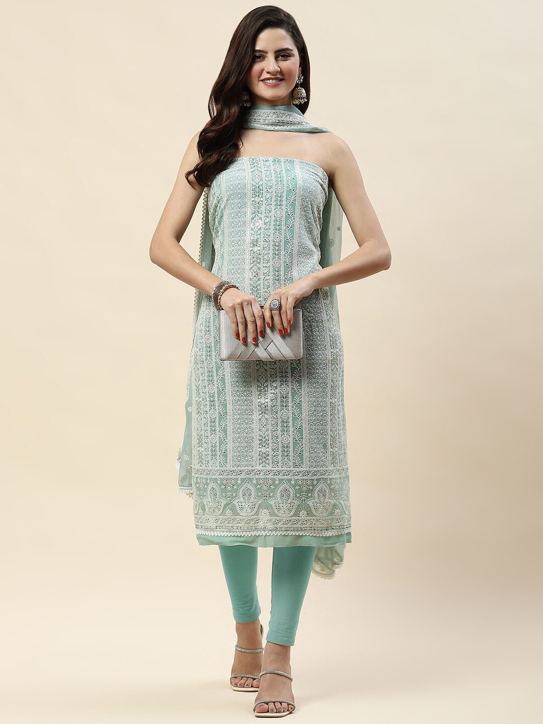 

Meena Bazaar Embroidered Unstitched Dress Material, Sea green