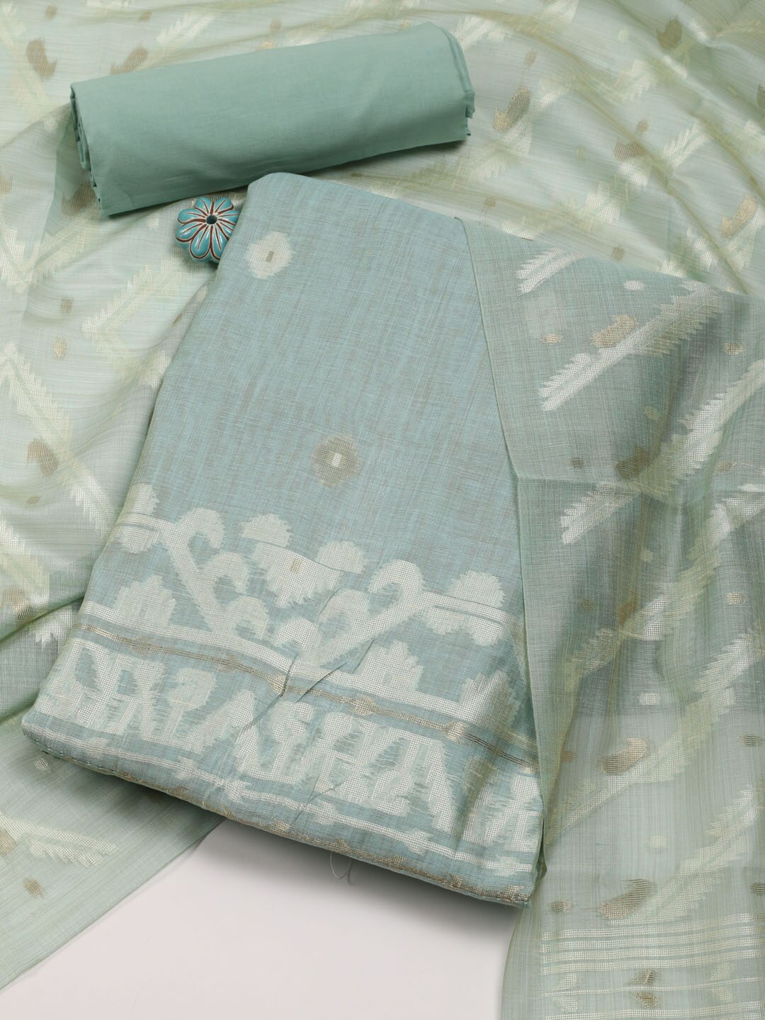 

Meena Bazaar Woven Design Unstitched Dress Material, Sea green