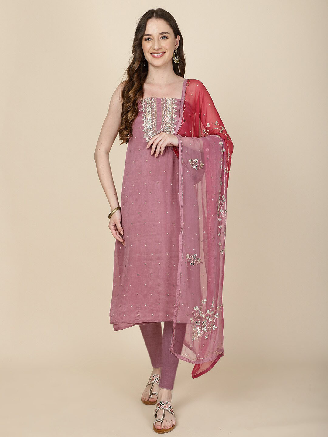

Meena Bazaar Embellished Mirror Work Art Silk Unstitched Dress Material, Purple