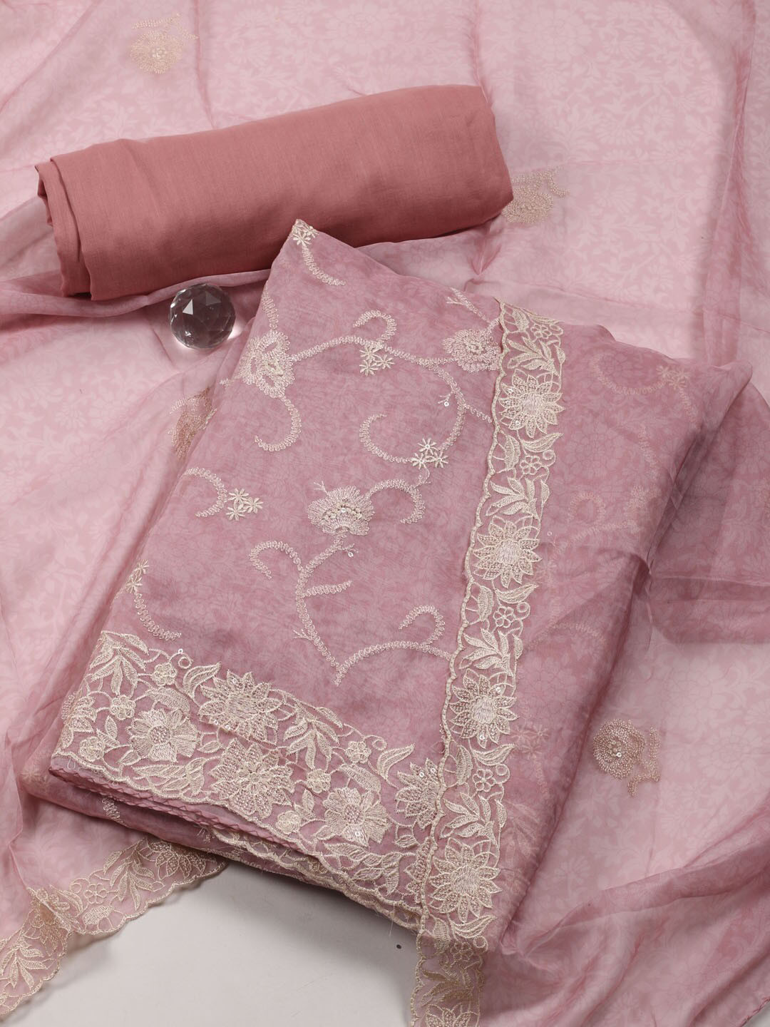 

Meena Bazaar Embroidered Organza Unstitched Dress Material, Pink