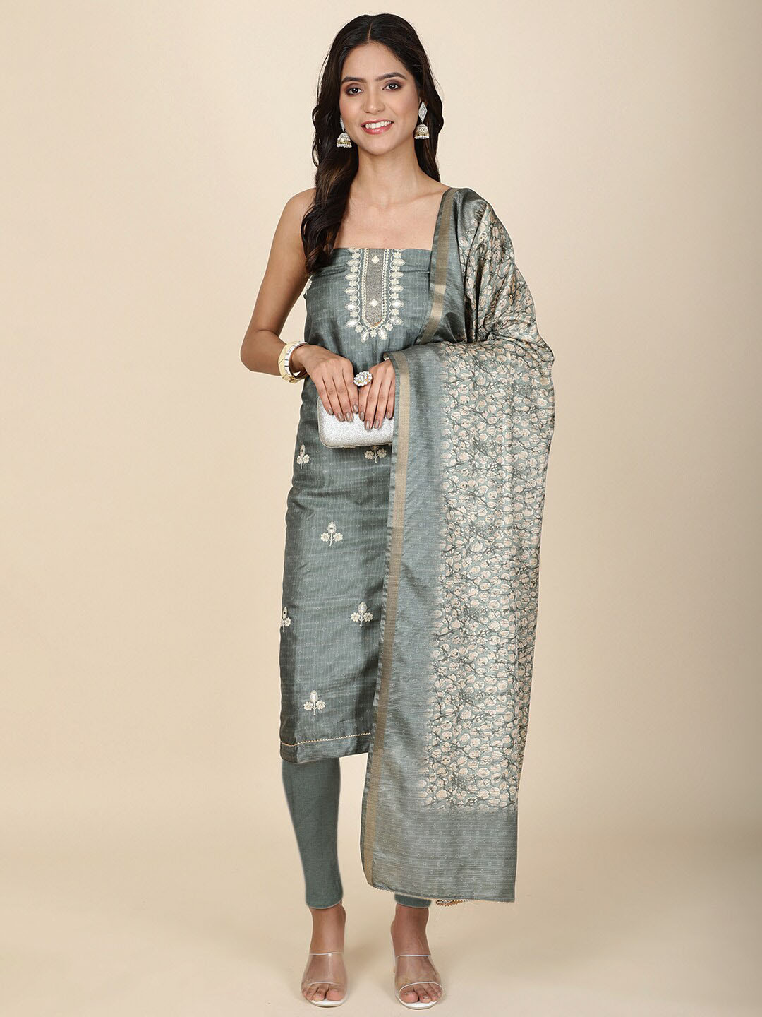 

Meena Bazaar Printed Art Silk Unstitched Dress Material, Sea green