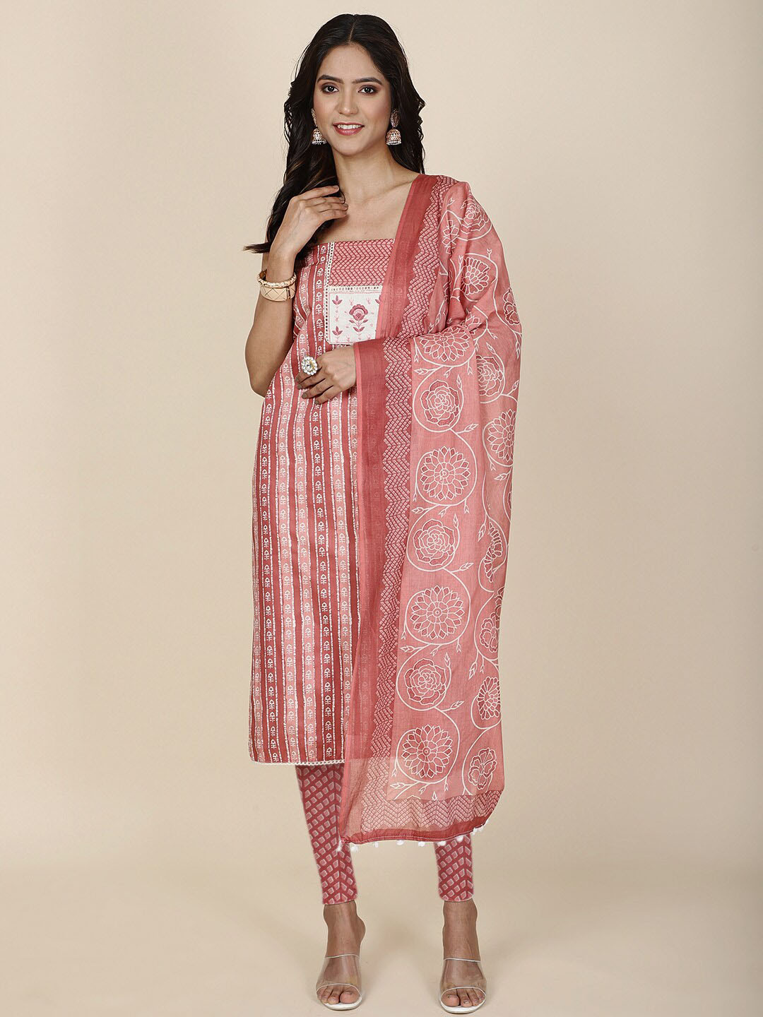 

Meena Bazaar Printed Unstitched Dress Material, Pink