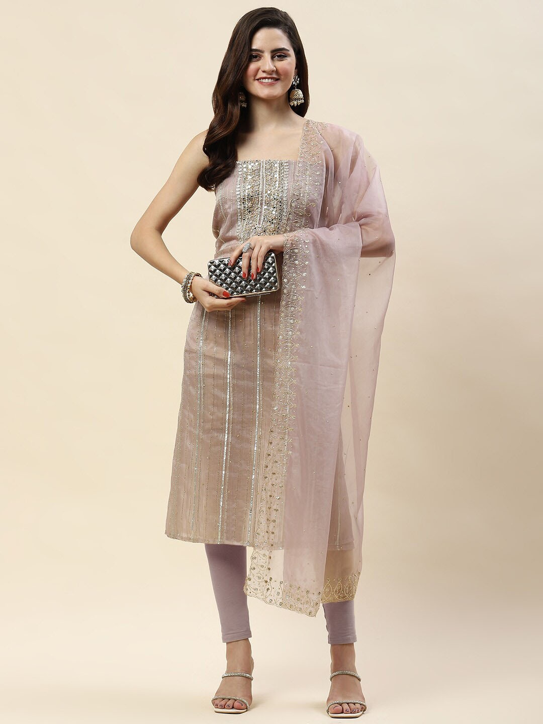 

Meena Bazaar Embellished Organza Unstitched Dress Material, Beige