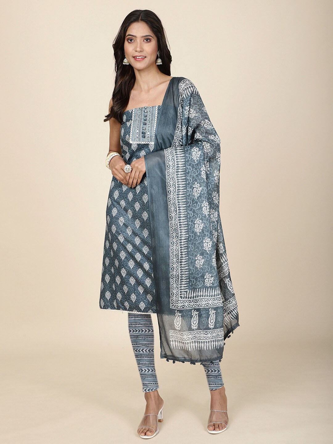 

Meena Bazaar Floral Printed Unstitched Dress Material, Blue