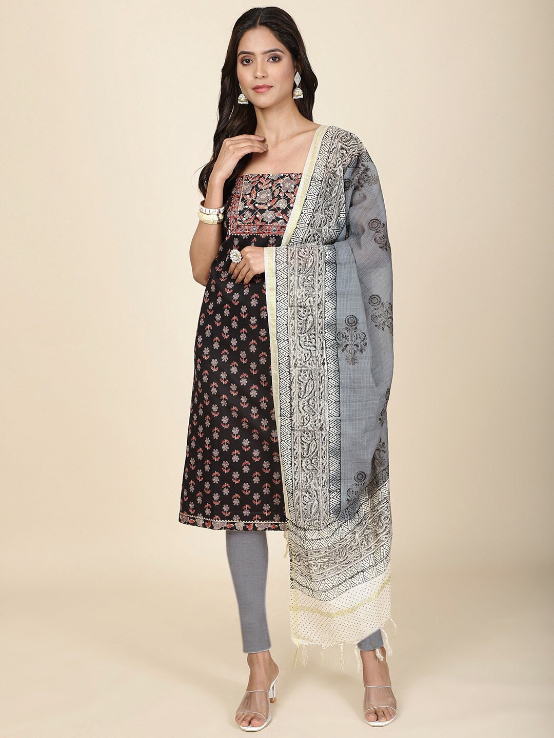 

Meena Bazaar Printed Unstitched Dress Material, Black
