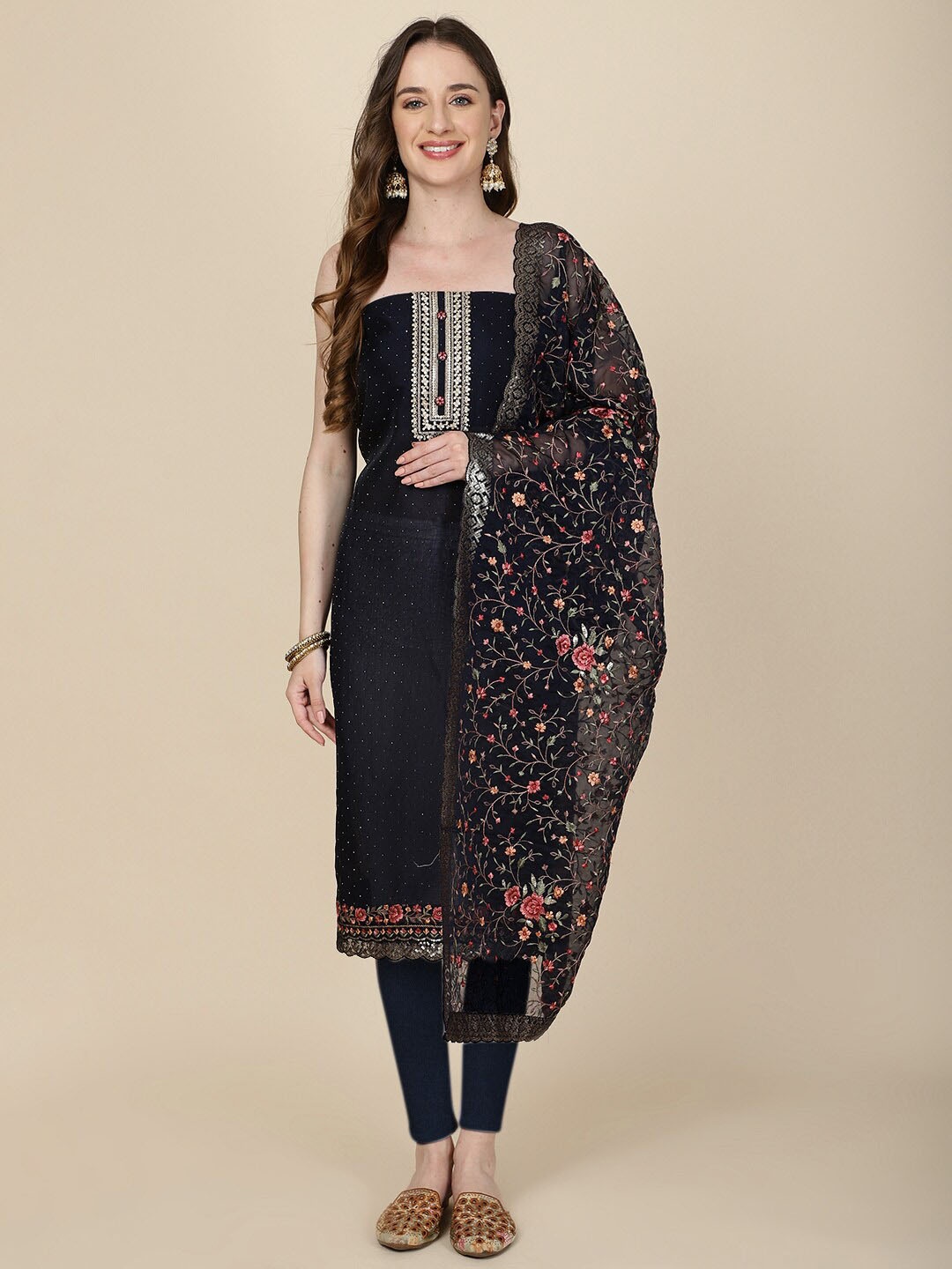 

Meena Bazaar Embellished Organza Unstitched Dress Material, Navy blue