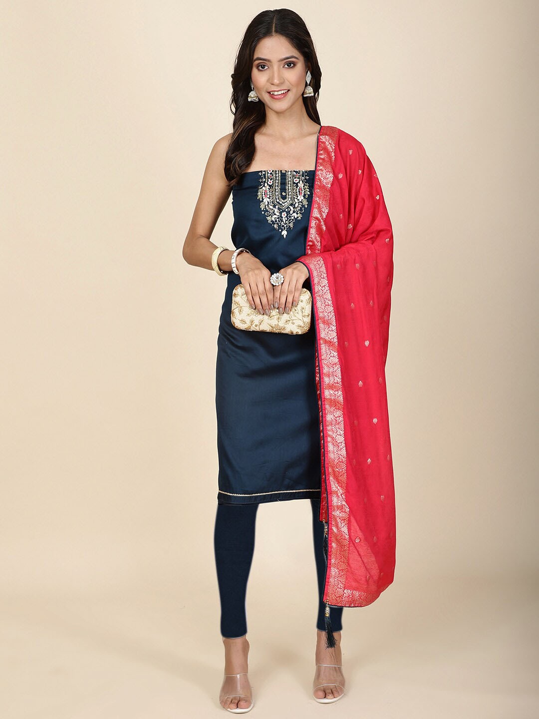 

Meena Bazaar Floral Embroidered Art Silk Unstitched Dress Material, Navy blue