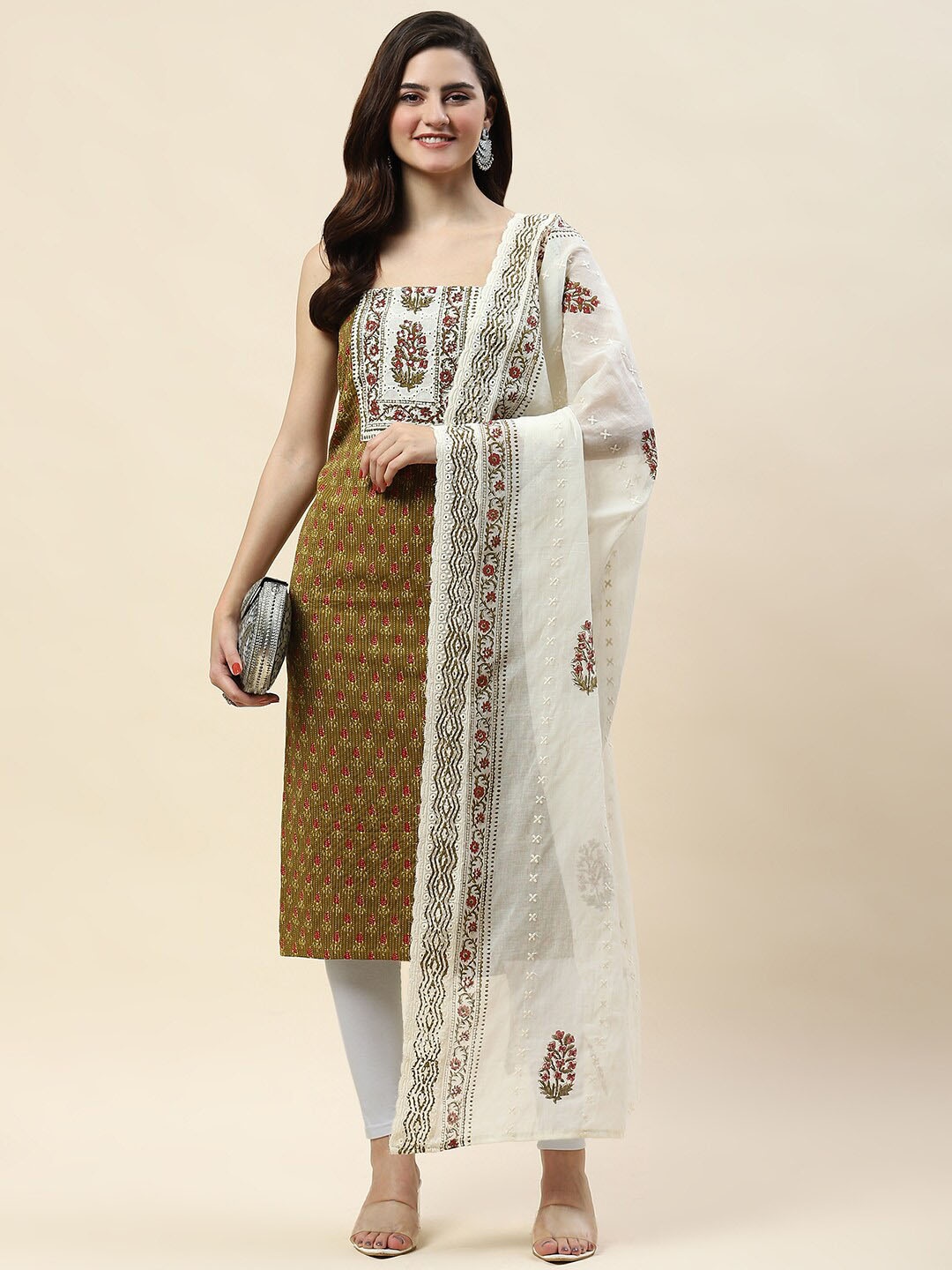 

Meena Bazaar Floral Printed Unstitched Dress Material, Green