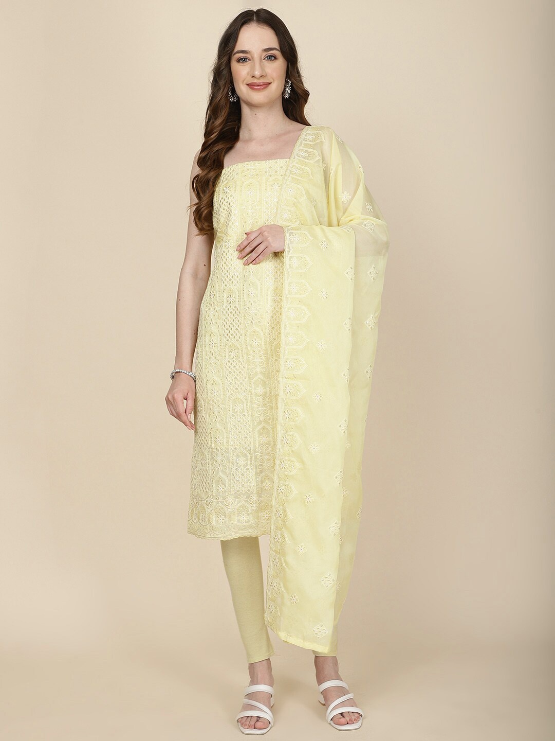 

Meena Bazaar Floral Embroidered Organza Unstitched Dress Material, Yellow