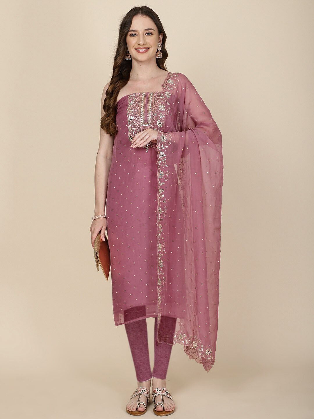 

Meena Bazaar Embellished Organza Unstitched Dress Material, Mauve