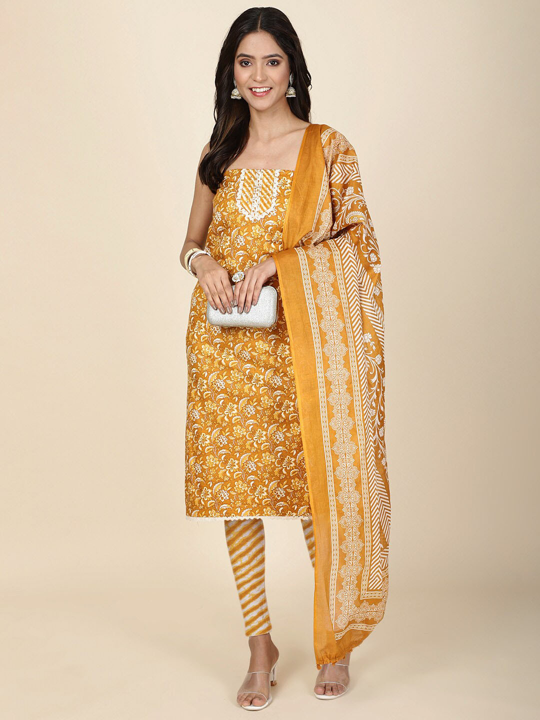 

Meena Bazaar Floral Printed Unstitched Dress Material, Yellow