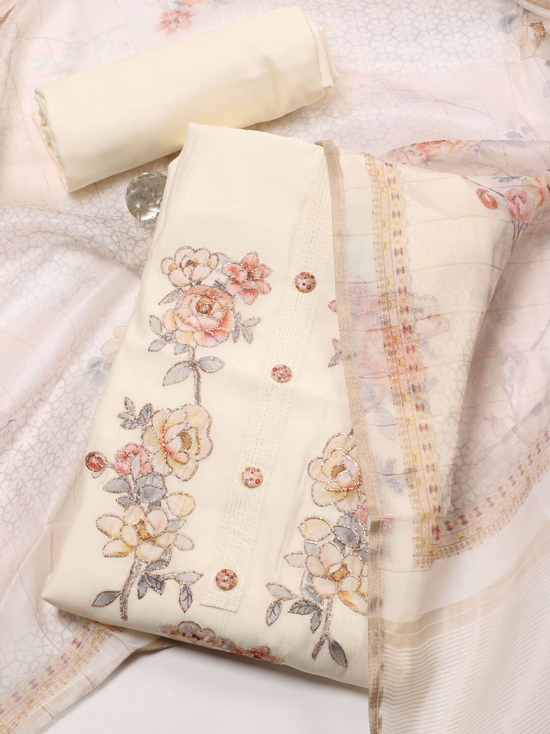 

Meena Bazaar Embroidered Unstitched Dress Material, Cream