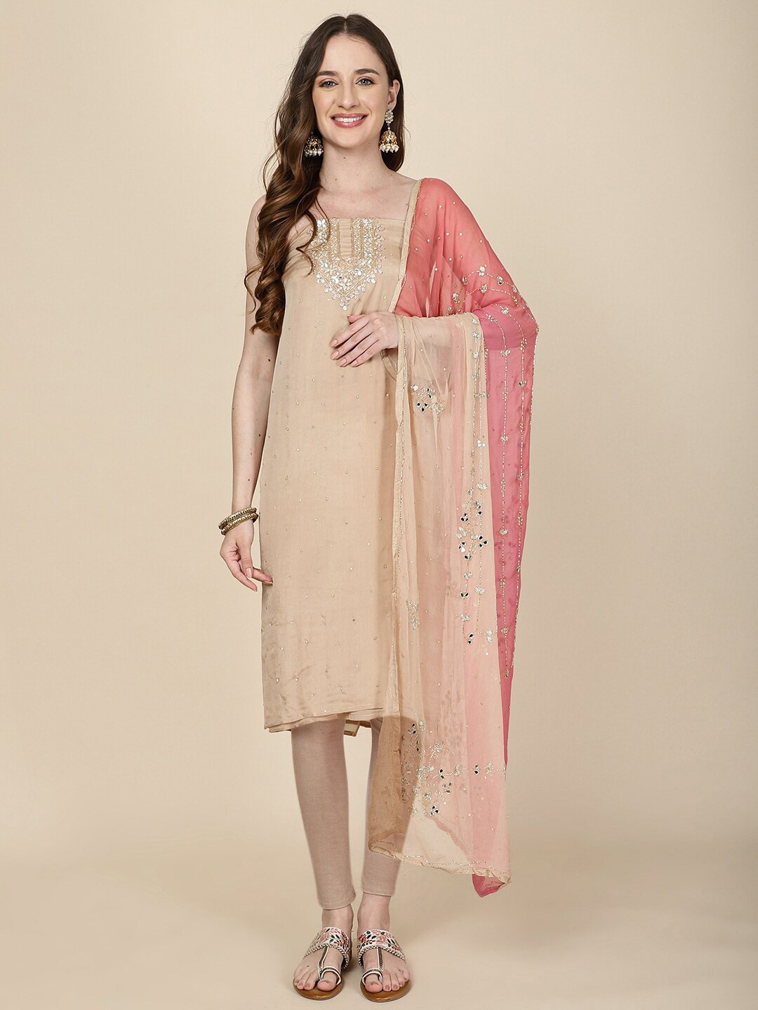 

Meena Bazaar Embellished Art Silk Unstitched Dress Material, Beige