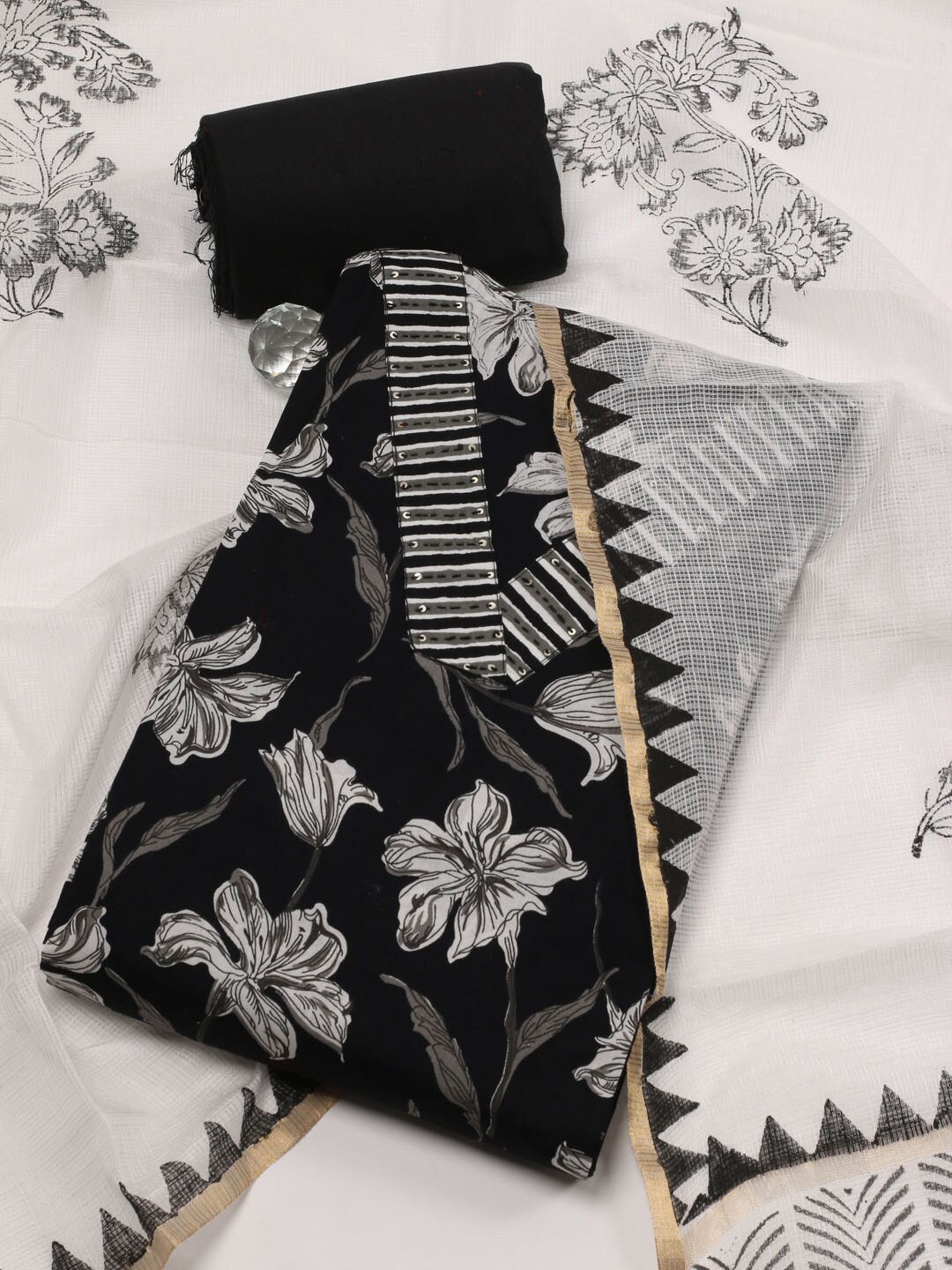 

Meena Bazaar Floral Printed Unstitched Dress Material, Black