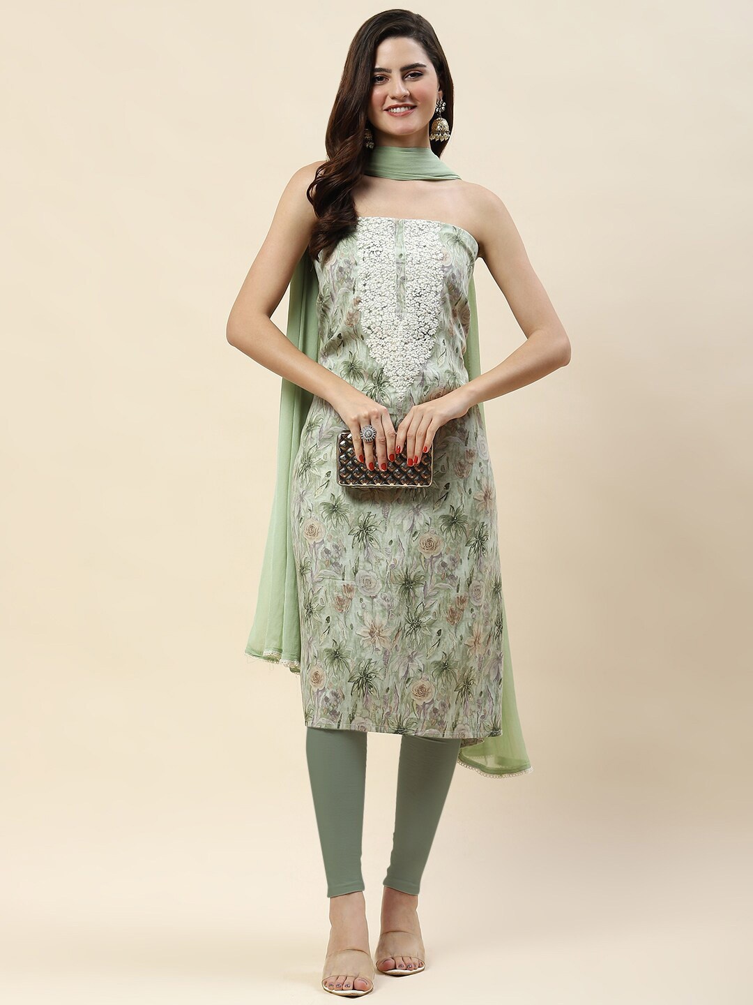 

Meena Bazaar Printed Unstitched Dress Material, Green