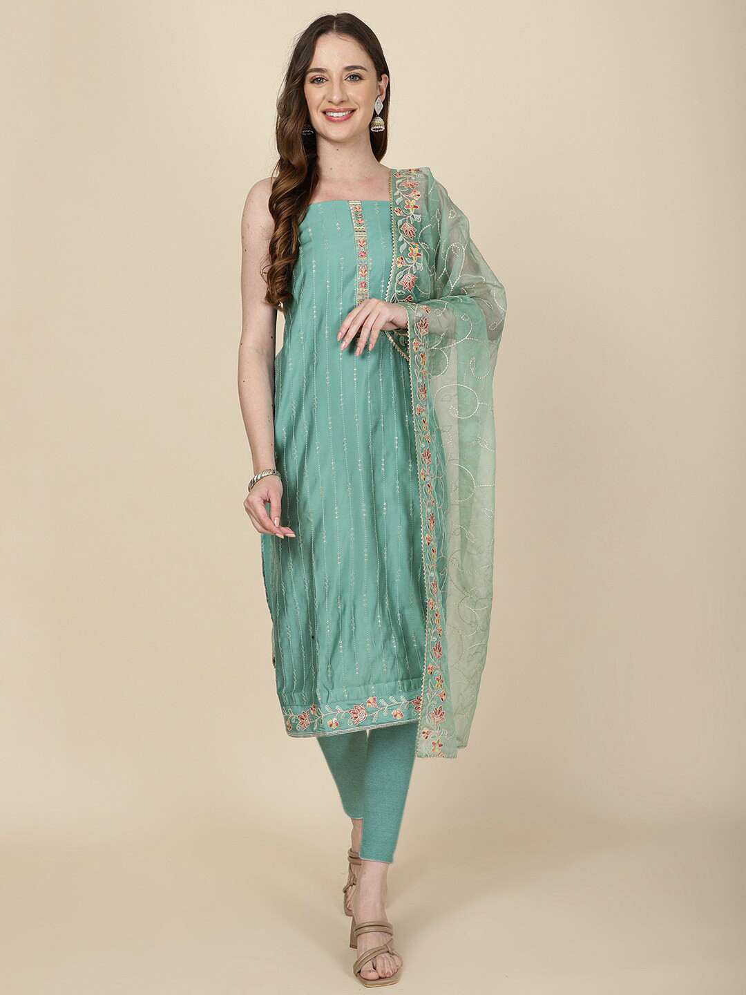 

Meena Bazaar Embroidered Unstitched Dress Material, Sea green