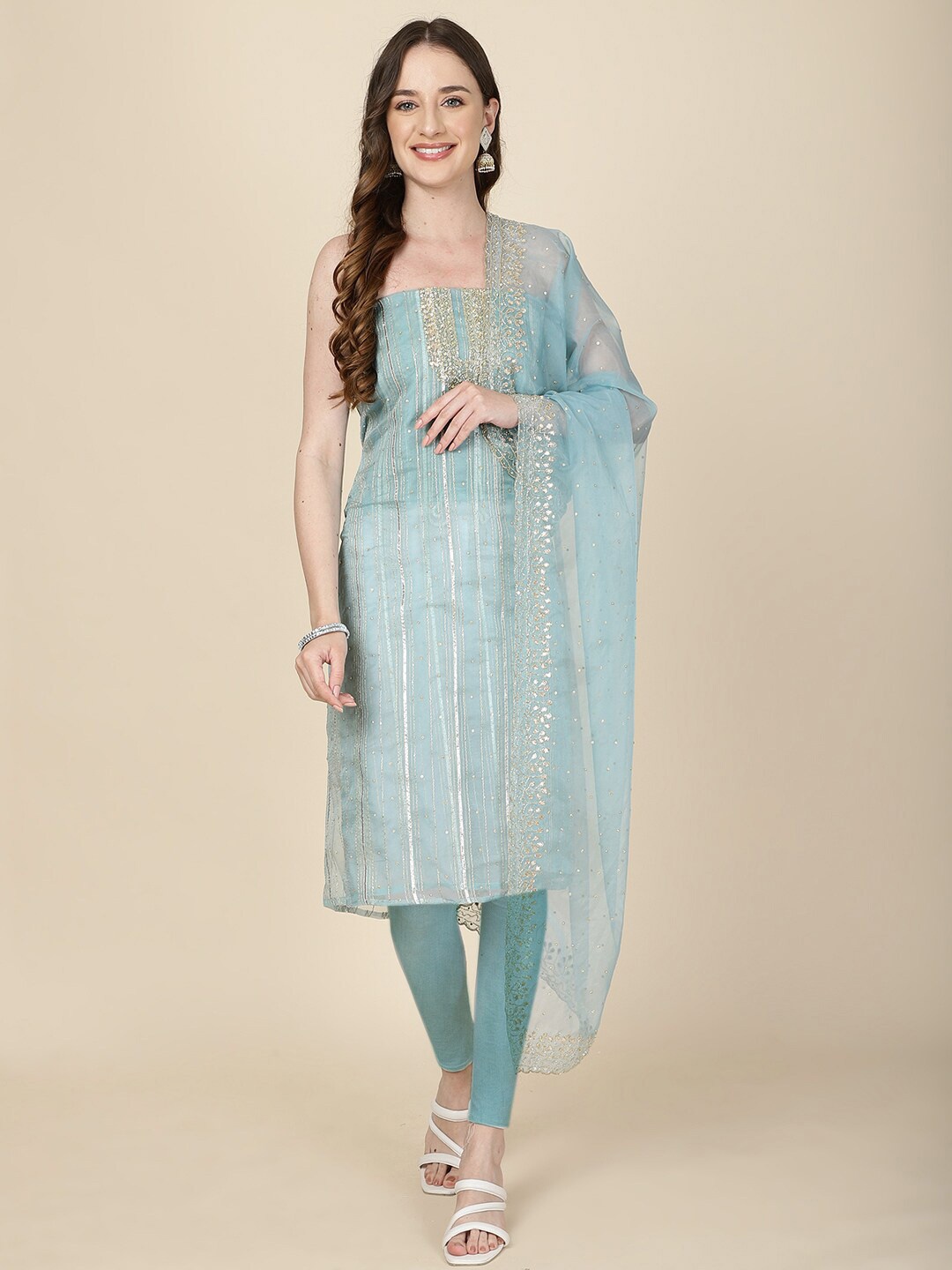 

Meena Bazaar Embroidered Organza Unstitched Dress Material, Blue