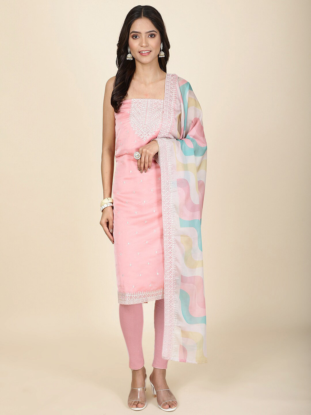 

Meena Bazaar Embroidered Organza Unstitched Dress Material, Pink