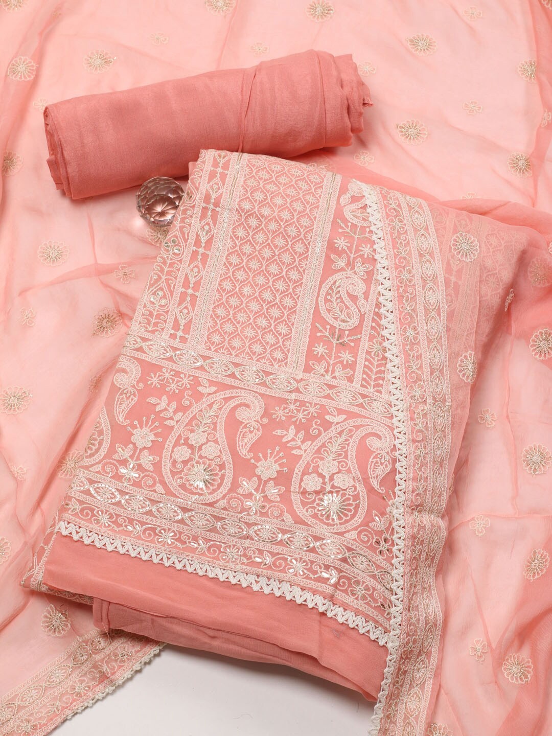 

Meena Bazaar Embroidered Unstitched Dress Material, Peach