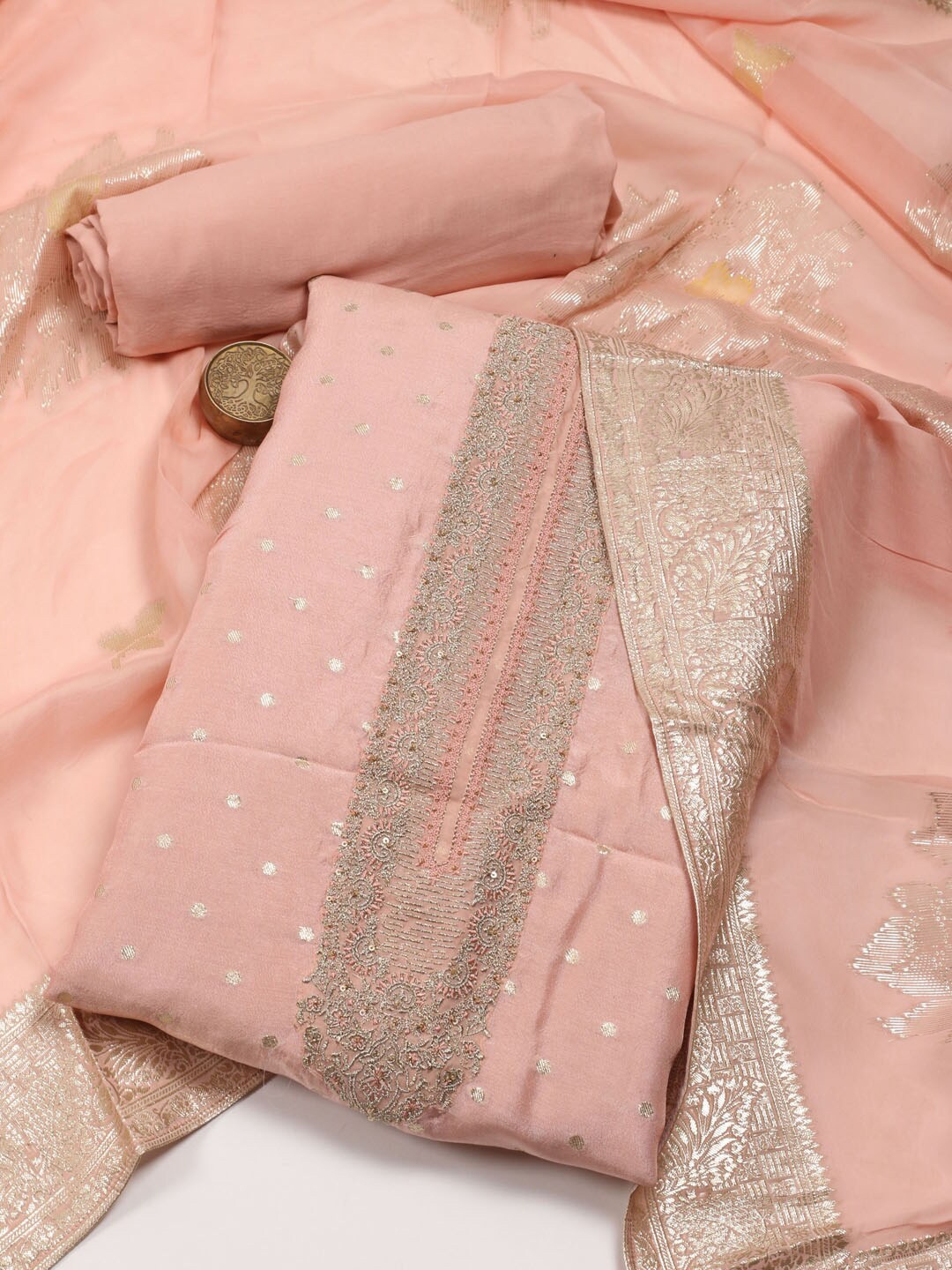 

Meena Bazaar Woven Design Unstitched Dress Material, Peach