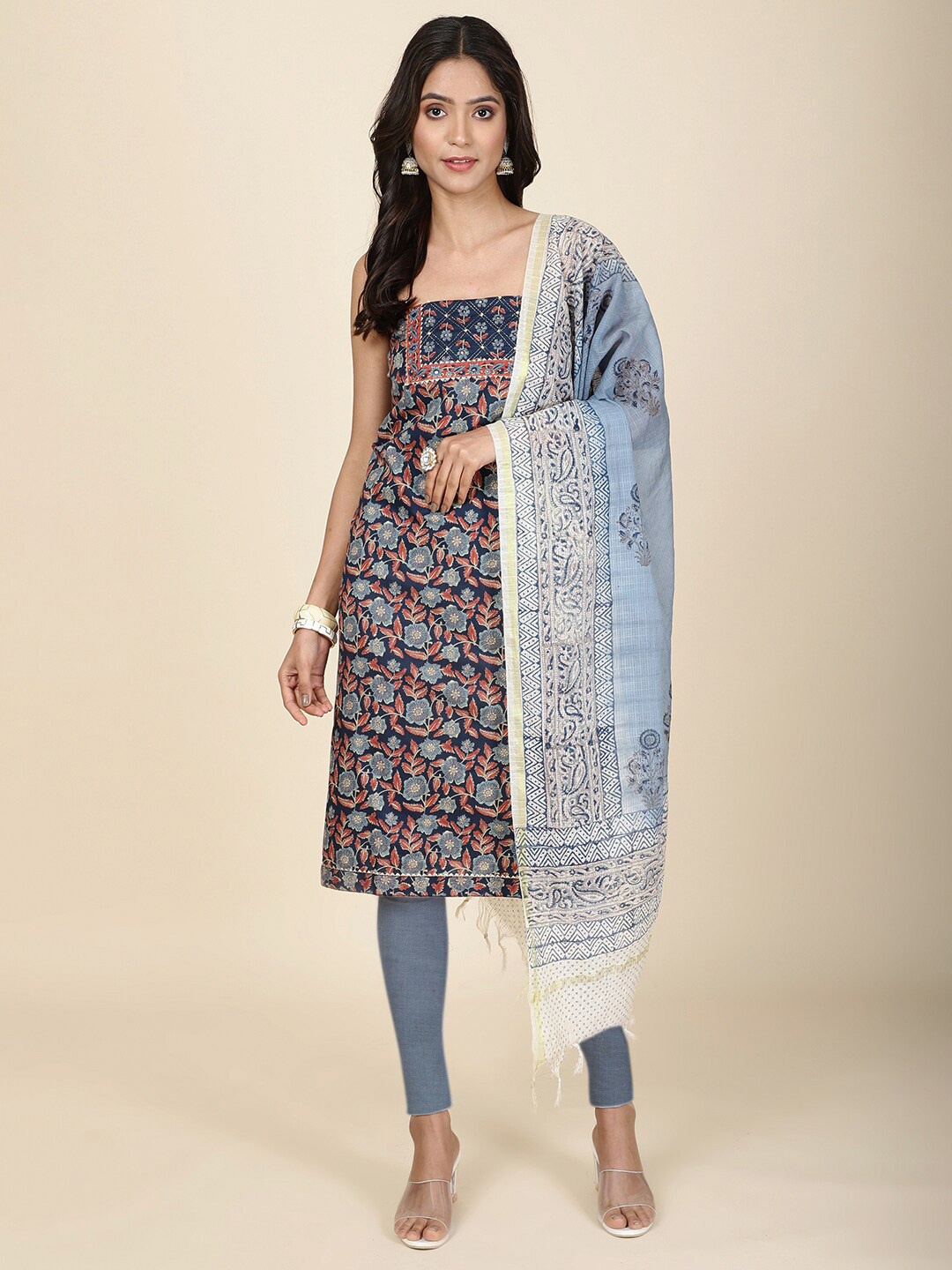 

Meena Bazaar Floral Printed Unstitched Dress Material, Navy blue