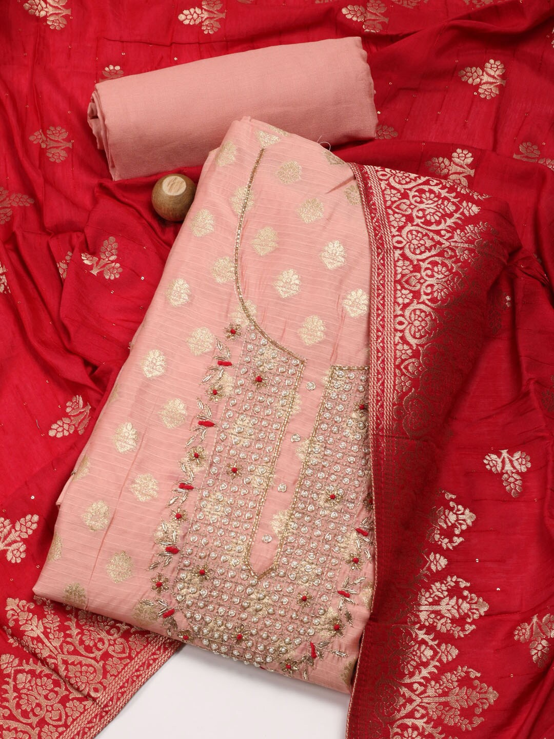 

Meena Bazaar Woven Design Unstitched Dress Material, Pink