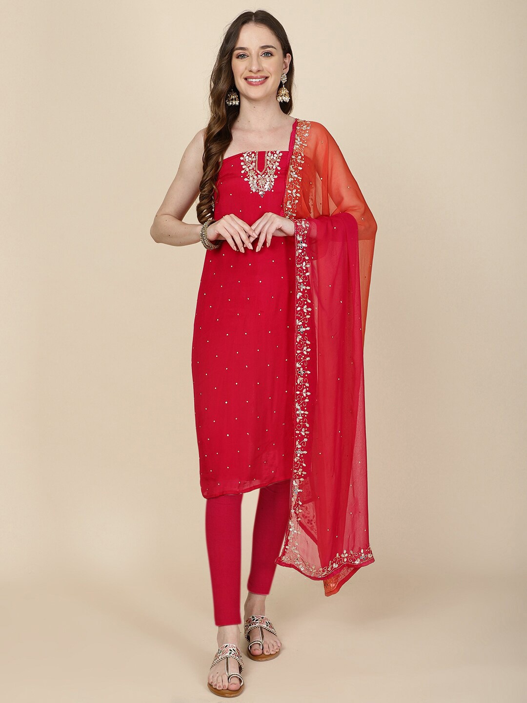 

Meena Bazaar Embellished Art Silk Unstitched Dress Material, Pink