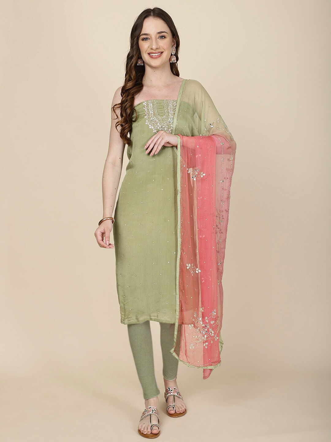 

Meena Bazaar Embellished Art Silk Unstitched Dress Material, Green