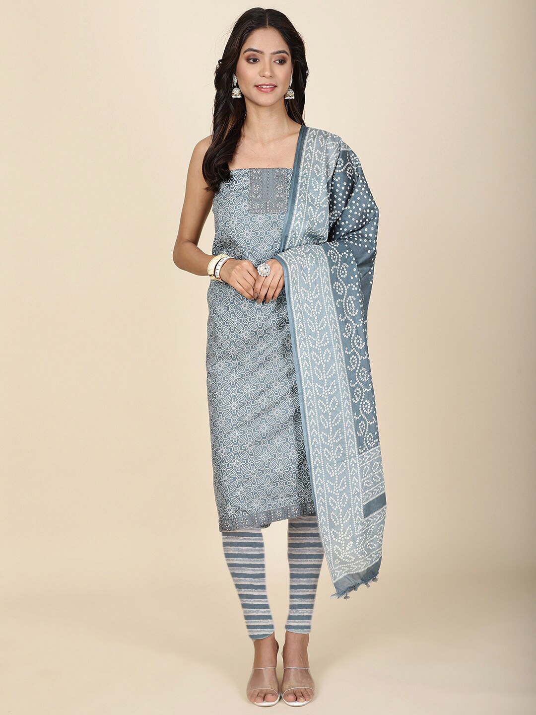 

Meena Bazaar Ethnic Motifs Printed Unstitched Dress Material, Grey