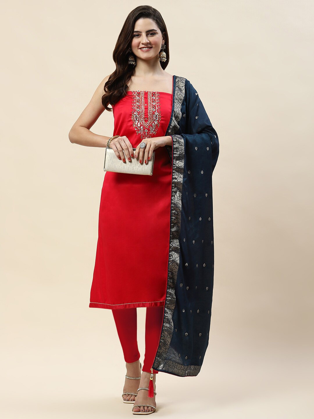 

Meena Bazaar Floral Embroidered Unstitched Dress Material, Pink